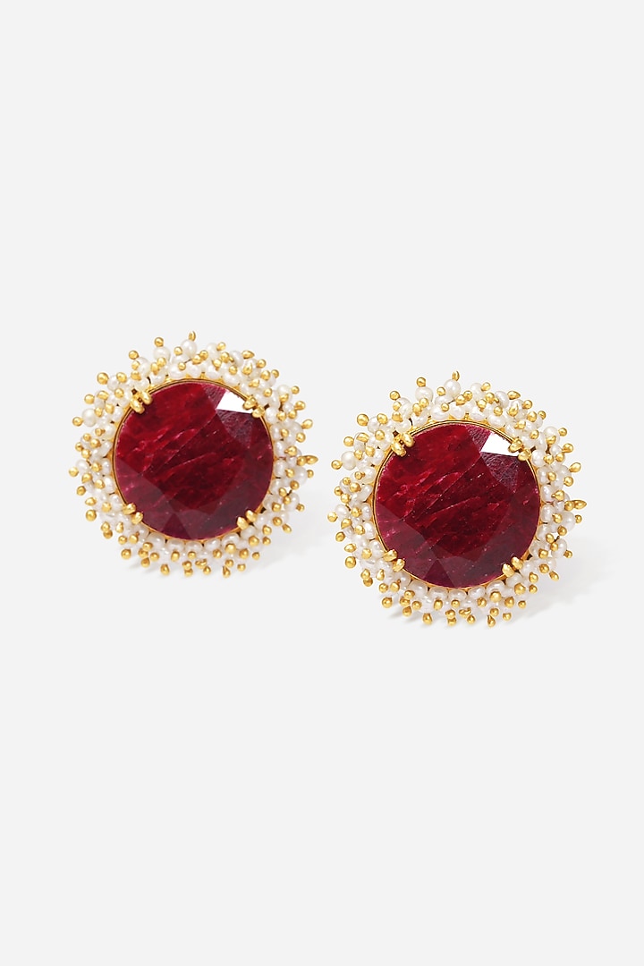 18kt Yellow Gold Finish Ruby Stone & Pearl Stud Earrings by Nornament at Pernia's Pop Up Shop