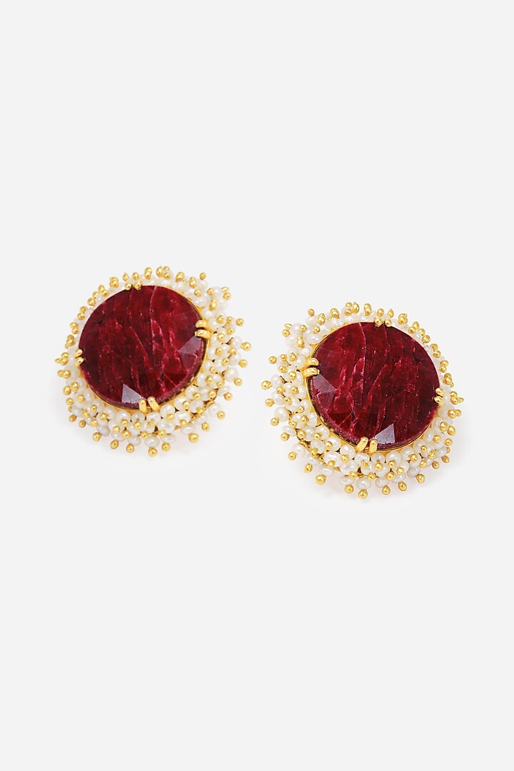 18kt Yellow Gold Finish Ruby Stone & Pearl Stud Earrings by Nornament at Pernia's Pop Up Shop