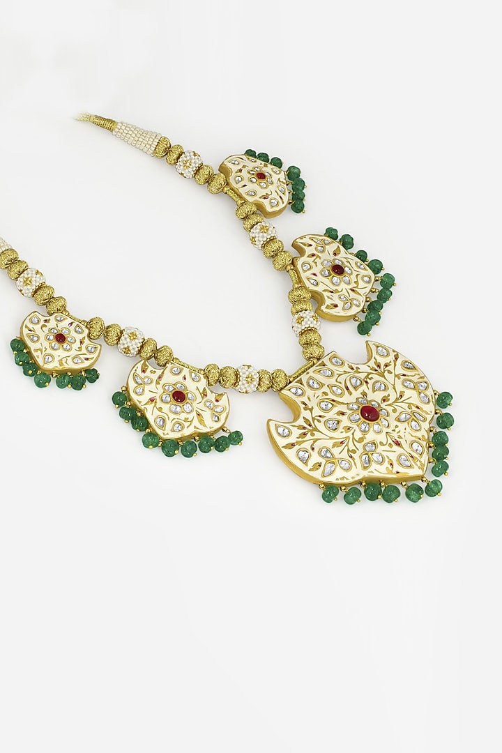18kt Yellow Gold Finish Kundan Polki & Green Beaded Jadau Necklace by Nornament at Pernia's Pop Up Shop