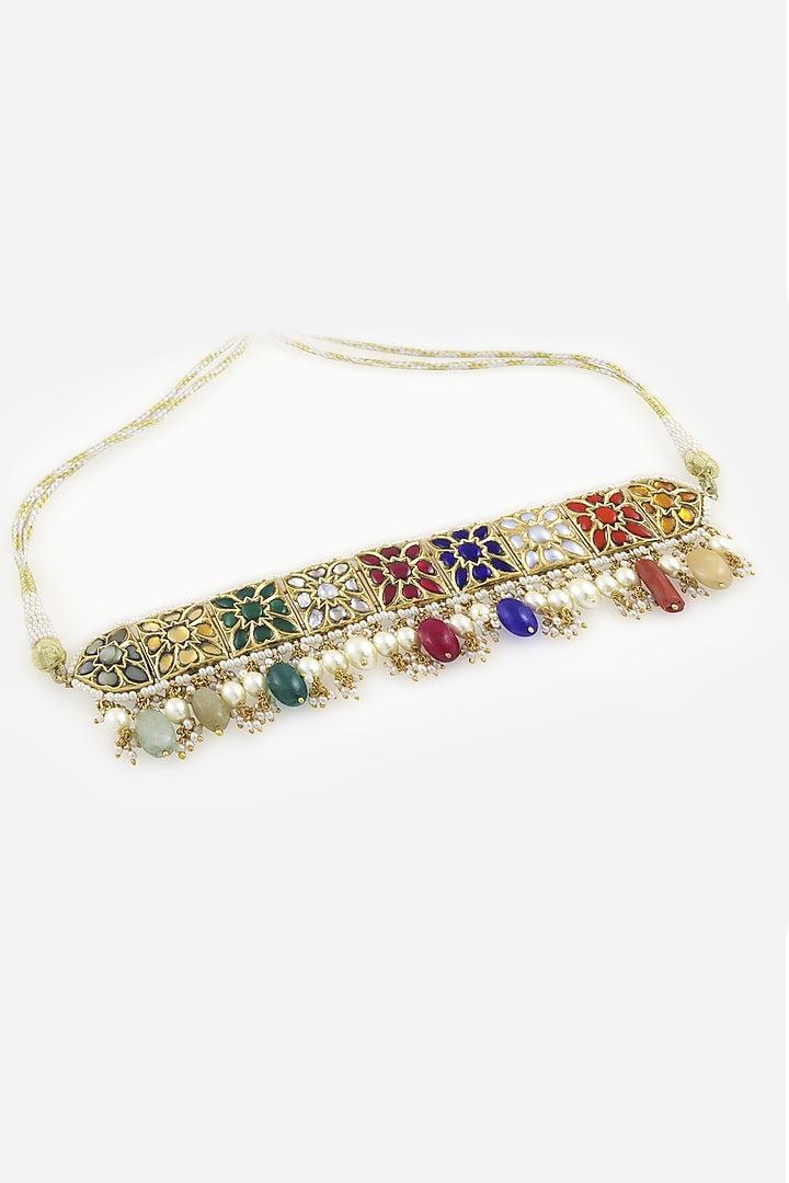 18kt Yellow Gold Finish Kundan Polki & Multi-Colored Stone Jadau Choker Necklace by Nornament at Pernia's Pop Up Shop
