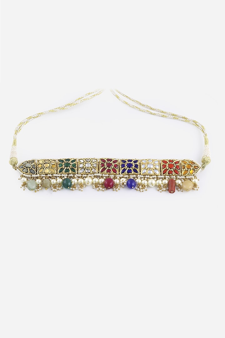 18kt Yellow Gold Finish Kundan Polki & Multi-Colored Stone Jadau Choker Necklace by Nornament at Pernia's Pop Up Shop