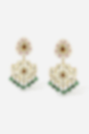 18kt Yellow Gold Finish Kundan Polki & Green Beaded Jadau Dangler Earrings by Nornament at Pernia's Pop Up Shop