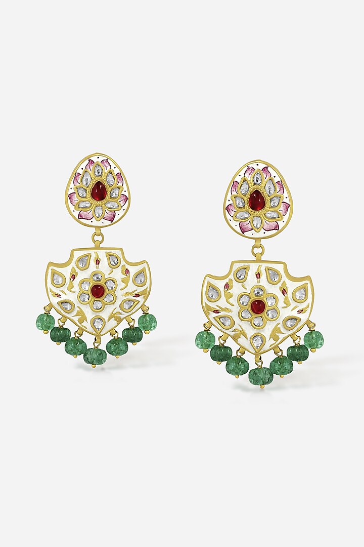 18kt Yellow Gold Finish Kundan Polki & Green Beaded Jadau Dangler Earrings by Nornament at Pernia's Pop Up Shop