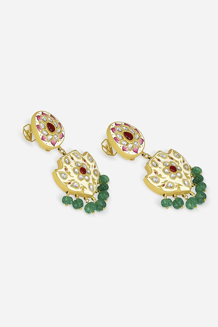 18kt Yellow Gold Finish Kundan Polki & Green Beaded Jadau Dangler Earrings by Nornament at Pernia's Pop Up Shop