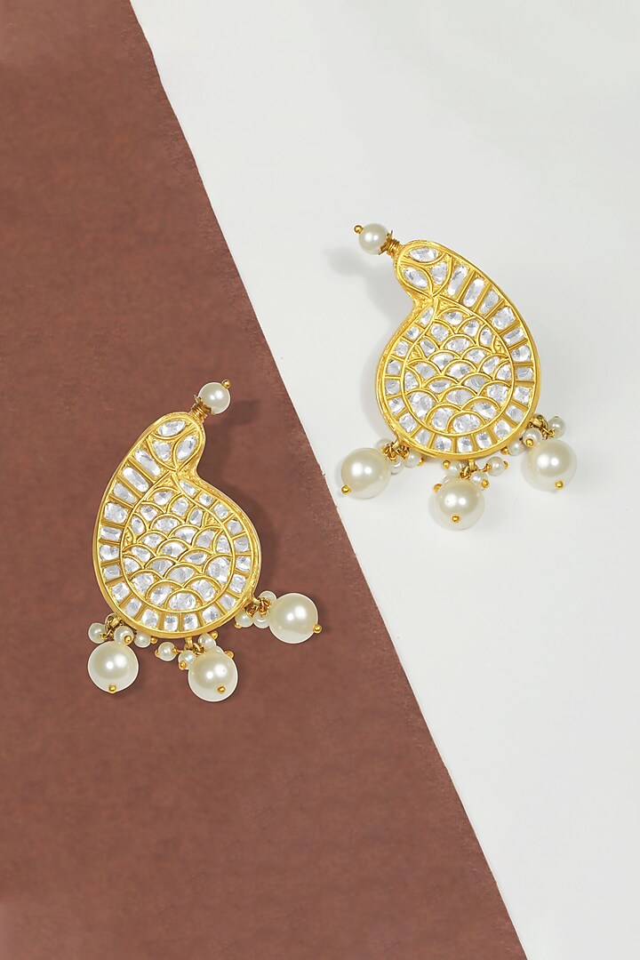 18kt Yellow Gold Finish Kundan Polki & Pearl Jadau Earrings by Nornament at Pernia's Pop Up Shop