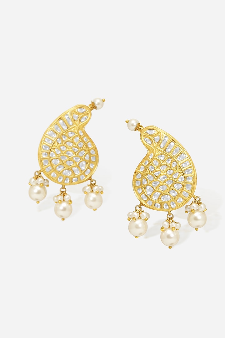 18kt Yellow Gold Finish Kundan Polki & Pearl Jadau Earrings by Nornament at Pernia's Pop Up Shop