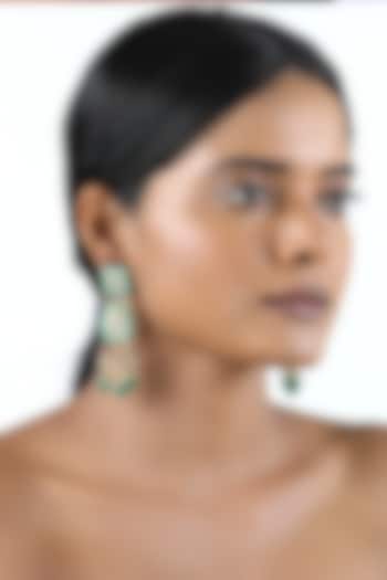 18kt Yellow Gold Finish Teardrop Kundan Polki Green Enameled Dangler Earrings by Nornament at Pernia's Pop Up Shop
