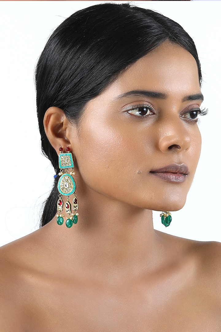 18kt Yellow Gold Finish Teardrop Kundan Polki Green Enameled Dangler Earrings by Nornament at Pernia's Pop Up Shop