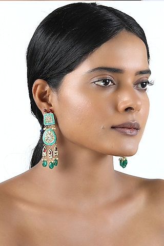 18kt Yellow Gold Finish Teardrop Kundan Polki Green Enameled Dangler Earrings by Nornament