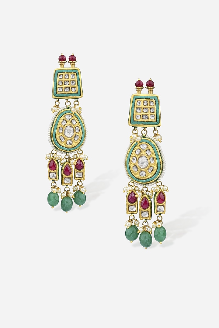 18kt Yellow Gold Finish Teardrop Kundan Polki Green Enameled Dangler Earrings by Nornament at Pernia's Pop Up Shop