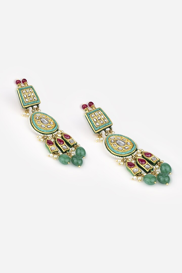 18kt Yellow Gold Finish Teardrop Kundan Polki Green Enameled Dangler Earrings by Nornament at Pernia's Pop Up Shop