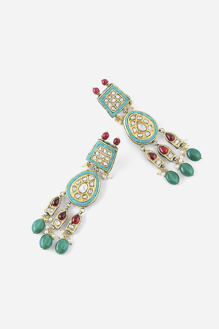 18kt Yellow Gold Finish Teardrop Kundan Polki Green Enameled Dangler Earrings by Nornament at Pernia's Pop Up Shop