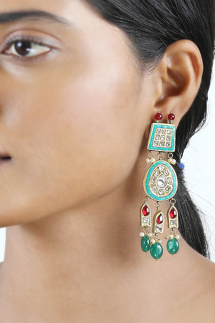 18kt Yellow Gold Finish Teardrop Kundan Polki Green Enameled Dangler Earrings by Nornament at Pernia's Pop Up Shop