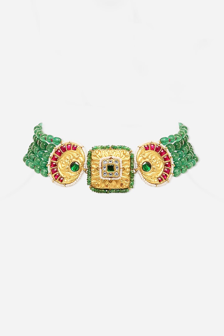 22kt Yellow Gold Finish Kundan Polki & Green Stone Choker Necklace by Nornament at Pernia's Pop Up Shop