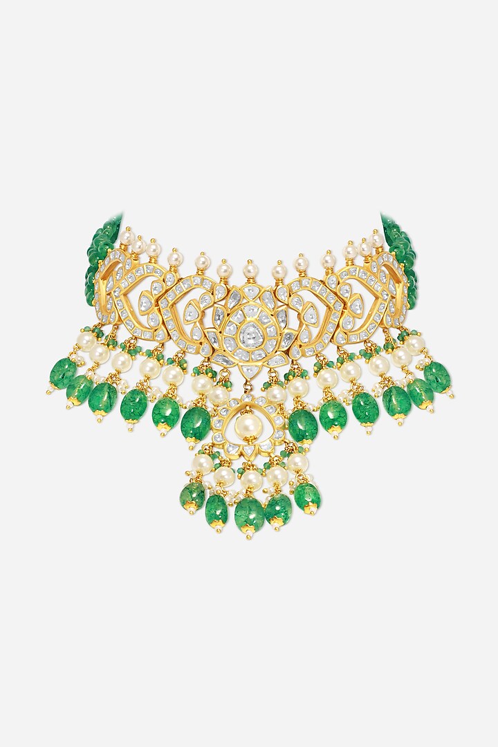 18kt Yellow Gold Finish Kundan Polki & Green Stone Necklace by Nornament at Pernia's Pop Up Shop