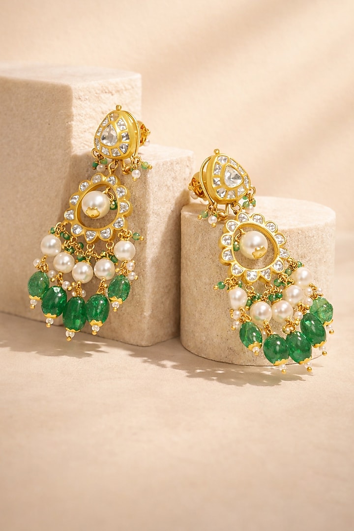 18kt Yellow Gold Finish Kundan Polki & Green Stone Dangler Earrings by Nornament at Pernia's Pop Up Shop