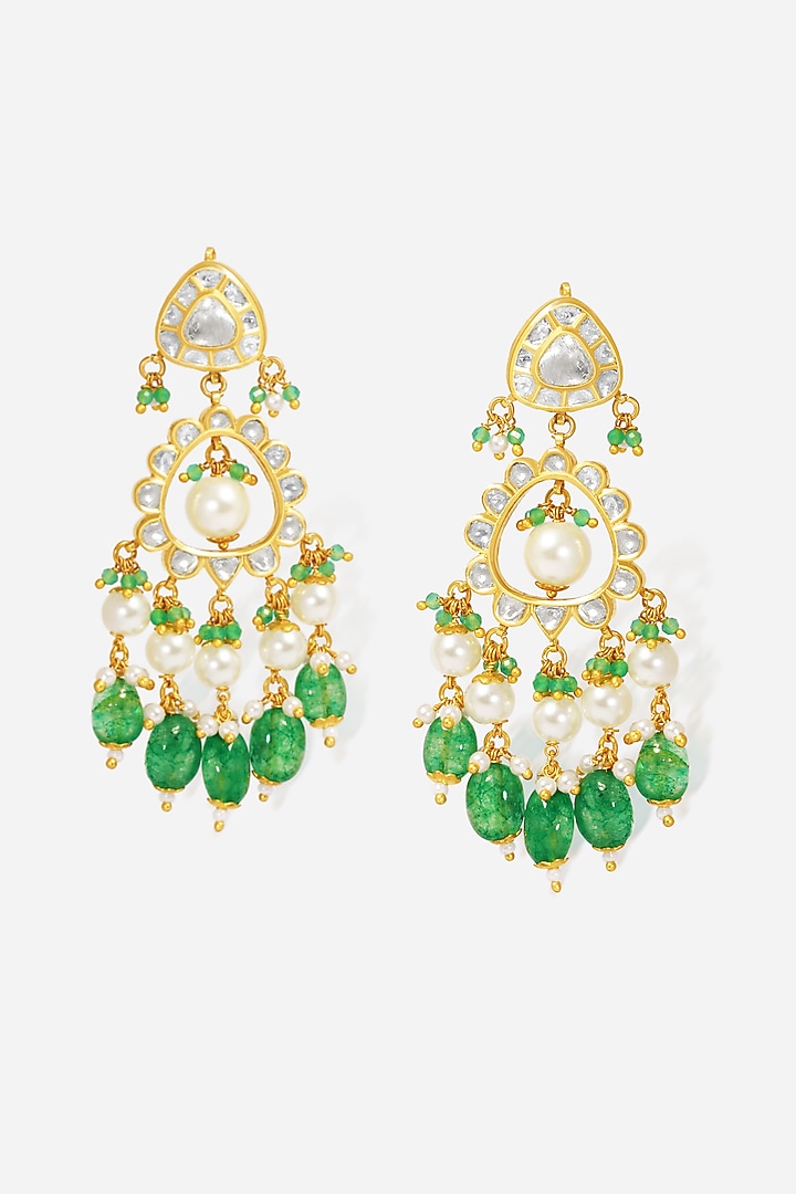 18kt Yellow Gold Finish Kundan Polki & Green Stone Dangler Earrings by Nornament at Pernia's Pop Up Shop