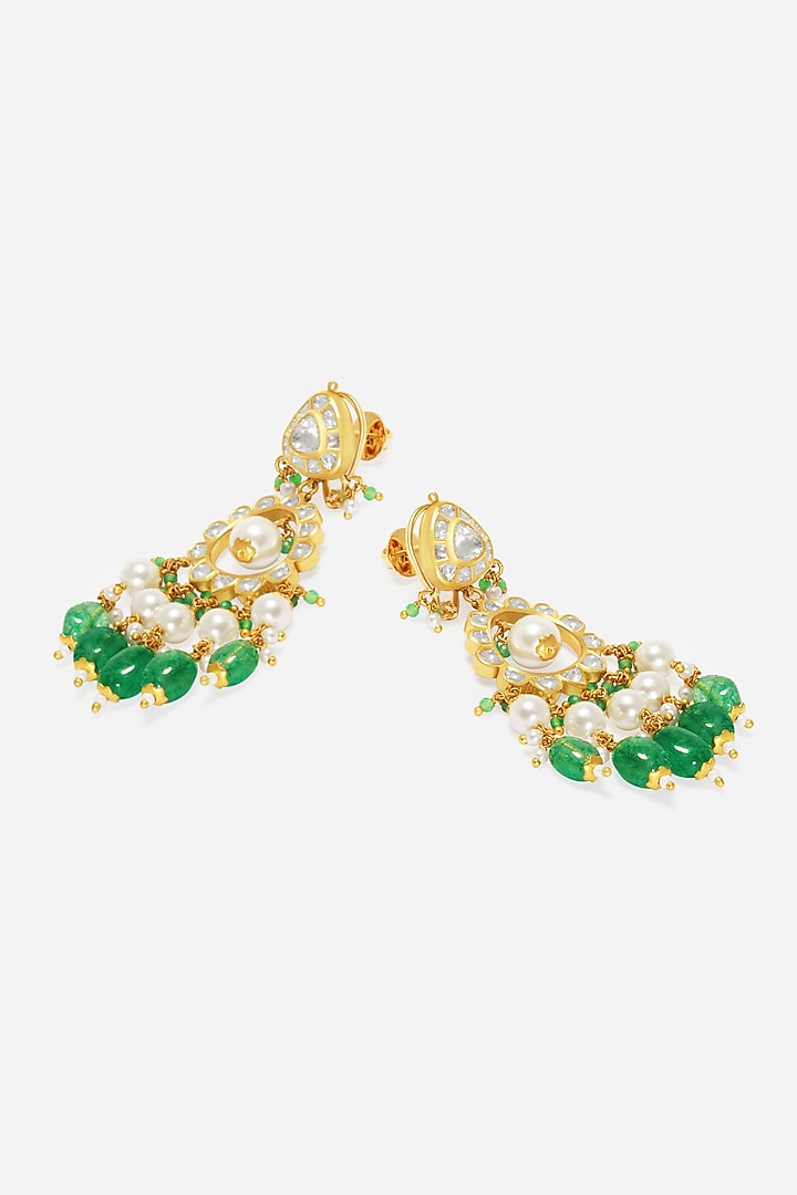 18kt Yellow Gold Finish Kundan Polki & Green Stone Dangler Earrings by Nornament at Pernia's Pop Up Shop