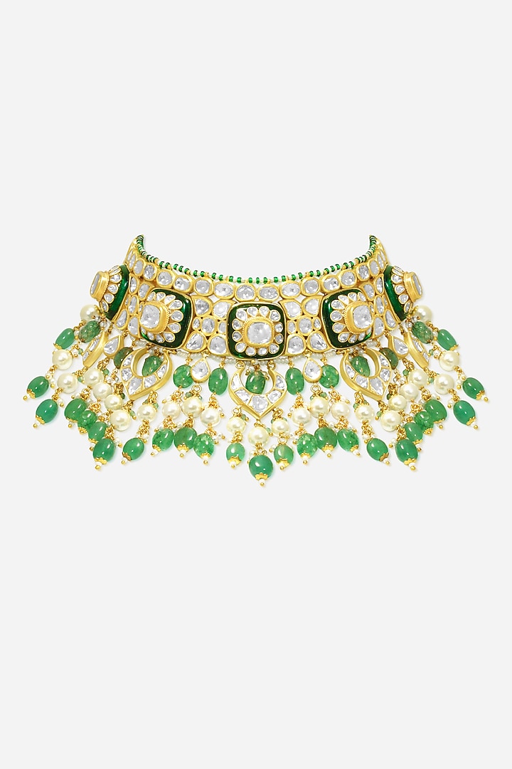 18kt Yellow Gold Finish Kundan Polki & Emerald Drop Enameled Jadau Necklace by Nornament at Pernia's Pop Up Shop