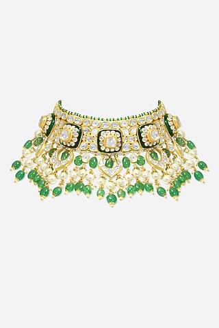 18kt Yellow Gold Finish Kundan Polki & Emerald Drop Enameled Jadau Necklace by Nornament