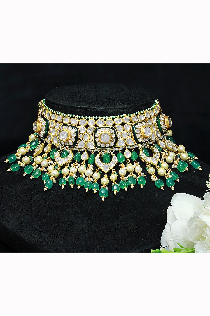18kt Yellow Gold Finish Kundan Polki & Emerald Drop Enameled Jadau Necklace by Nornament at Pernia's Pop Up Shop