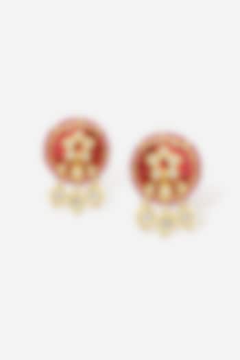 18kt Yellow Gold Finish Kundan Polki & Red Stone Enameled Chandbali Earrings by Nornament at Pernia's Pop Up Shop