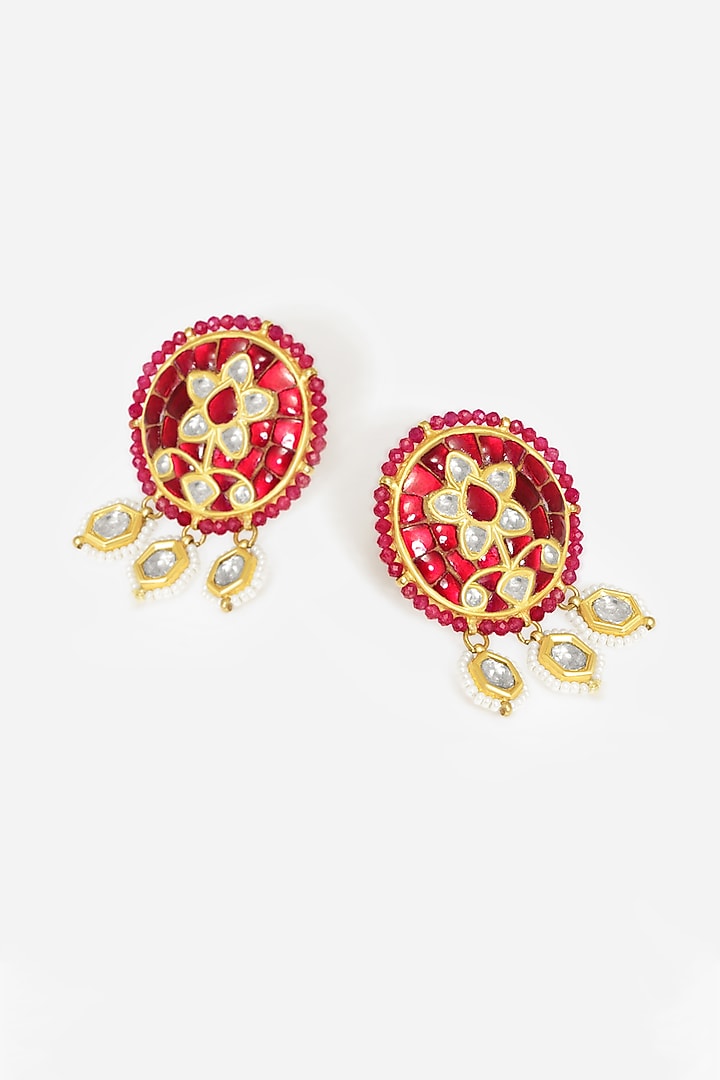 18kt Yellow Gold Finish Kundan Polki & Red Stone Enameled Chandbali Earrings by Nornament at Pernia's Pop Up Shop