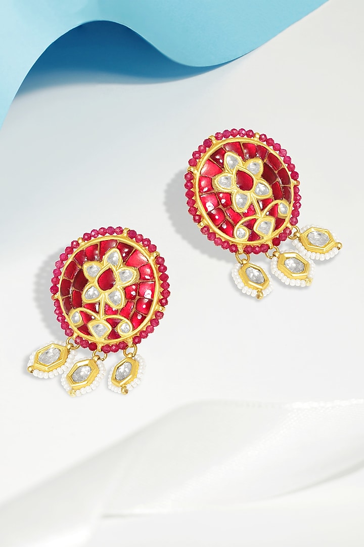 18kt Yellow Gold Finish Kundan Polki & Red Stone Enameled Chandbali Earrings by Nornament at Pernia's Pop Up Shop