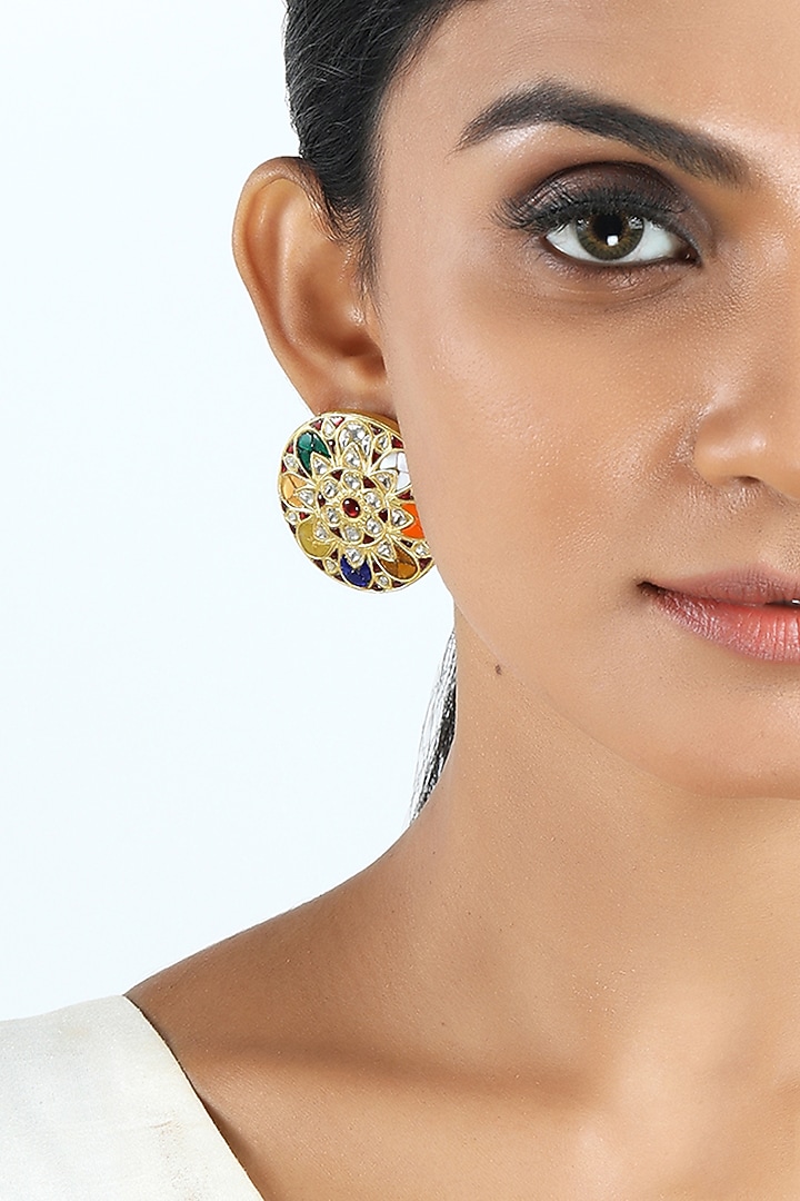 18kt Yellow Gold Finish Kundan Polki & Multi-Colored Stone Stud Earrings by Nornament at Pernia's Pop Up Shop
