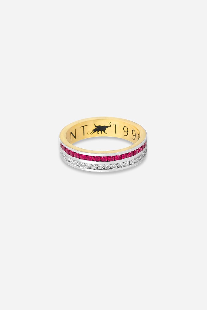 18kt Yellow Gold Finish Diamond & Pink Stone Halo Band Ring by Nornament at Pernia's Pop Up Shop