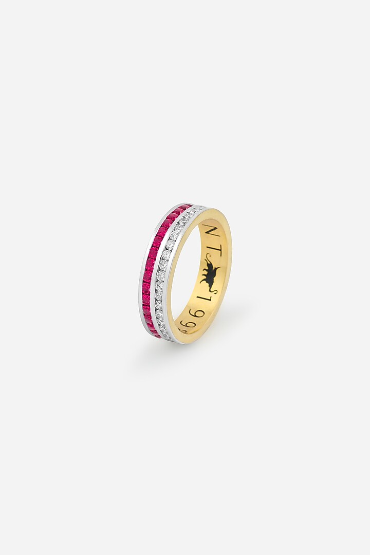 18kt Yellow Gold Finish Diamond & Pink Stone Halo Band Ring by Nornament at Pernia's Pop Up Shop