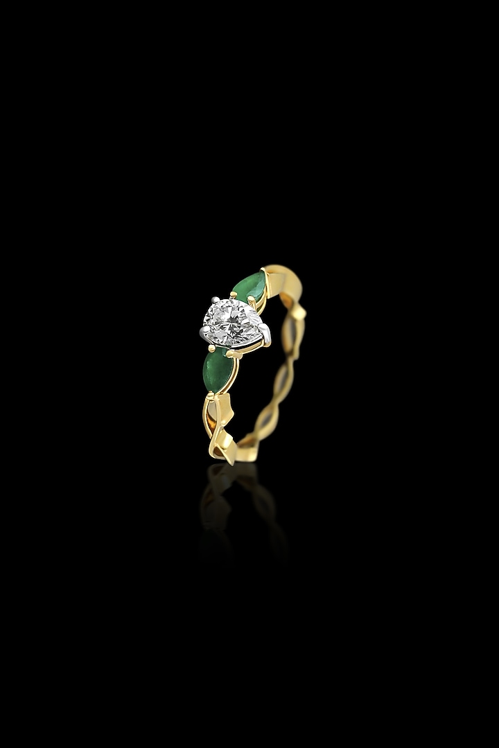 18kt Gold Finish Pear-Shaped Diamond & Emerald Stone Ring by Nornament at Pernia's Pop Up Shop