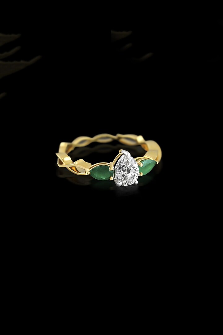18kt Gold Finish Pear-Shaped Diamond & Emerald Stone Ring by Nornament at Pernia's Pop Up Shop