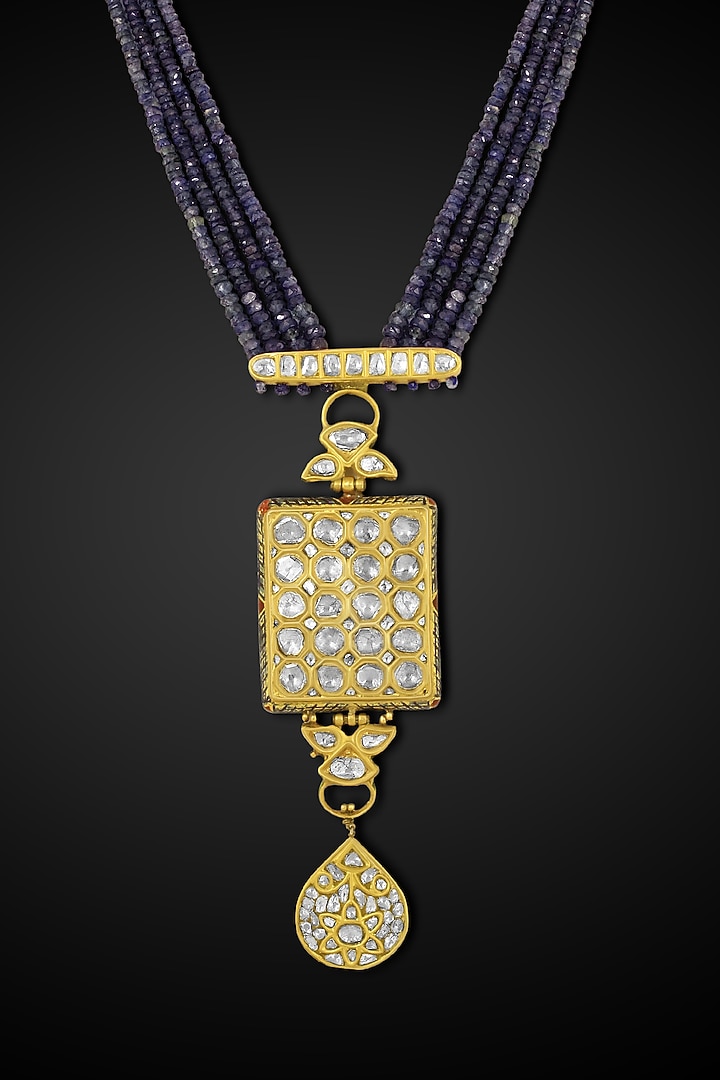 18kt Yellow Gold Finish Kundan Polki & Sapphire Beaded Pendant Necklace by Nornament at Pernia's Pop Up Shop
