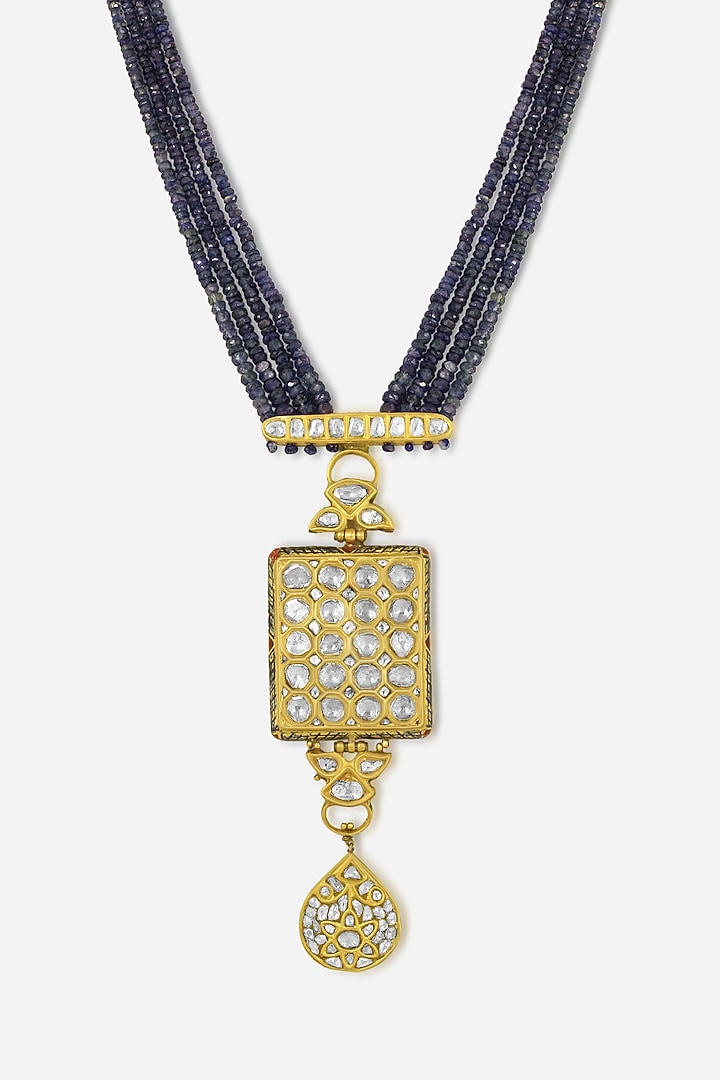 18kt Yellow Gold Finish Kundan Polki & Sapphire Beaded Pendant Necklace by Nornament at Pernia's Pop Up Shop