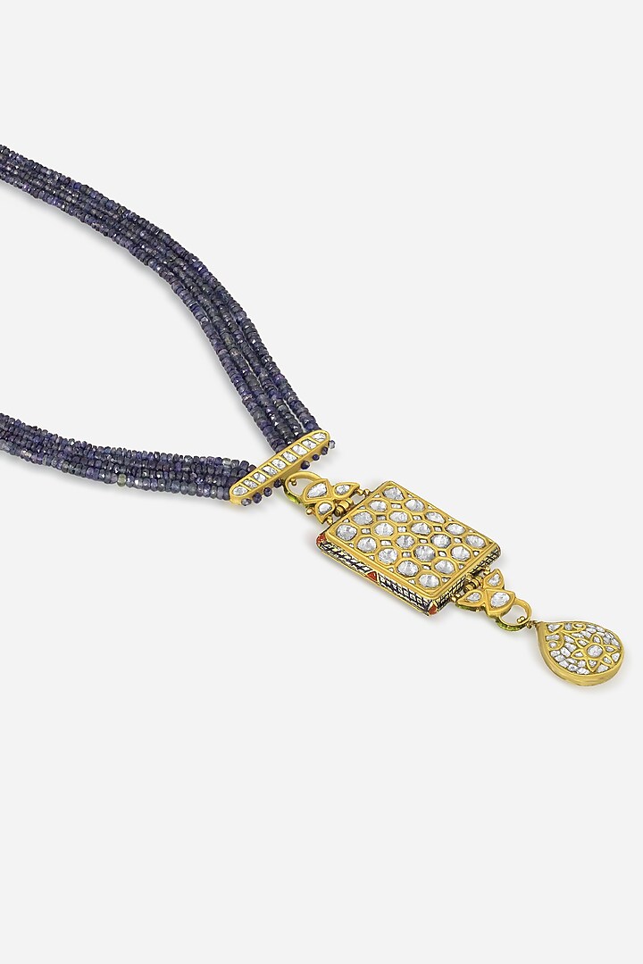 18kt Yellow Gold Finish Kundan Polki & Sapphire Beaded Pendant Necklace by Nornament at Pernia's Pop Up Shop