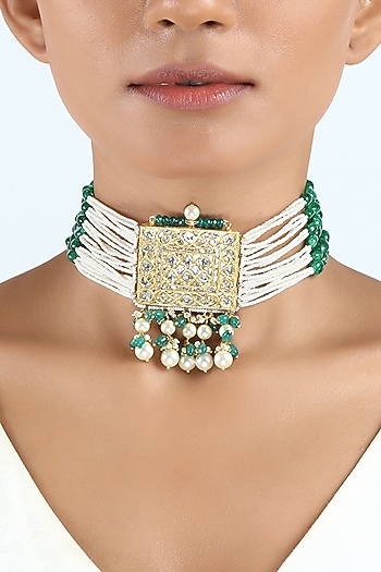 18kt Yellow Gold Finish Pearl & Gren Beaded Jadau Choker Necklace by Nornament  at Pernia's Pop Up Shop