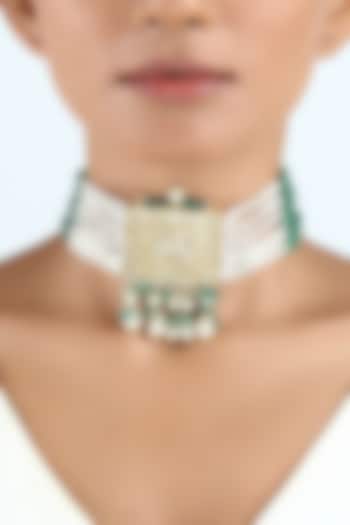 18kt Yellow Gold Finish Pearl & Gren Beaded Jadau Choker Necklace by Nornament at Pernia's Pop Up Shop