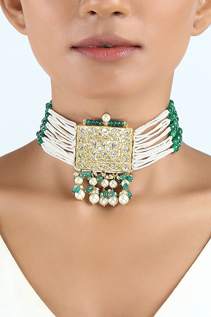 18kt Yellow Gold Finish Pearl & Gren Beaded Jadau Choker Necklace by Nornament at Pernia's Pop Up Shop