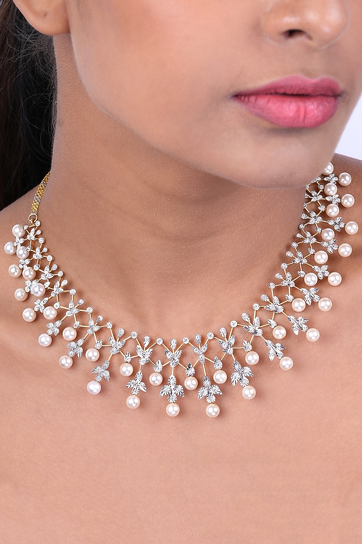 18kt Yellow Gold Finish Diamond & Pearl Necklace by Nornament at Pernia's Pop Up Shop