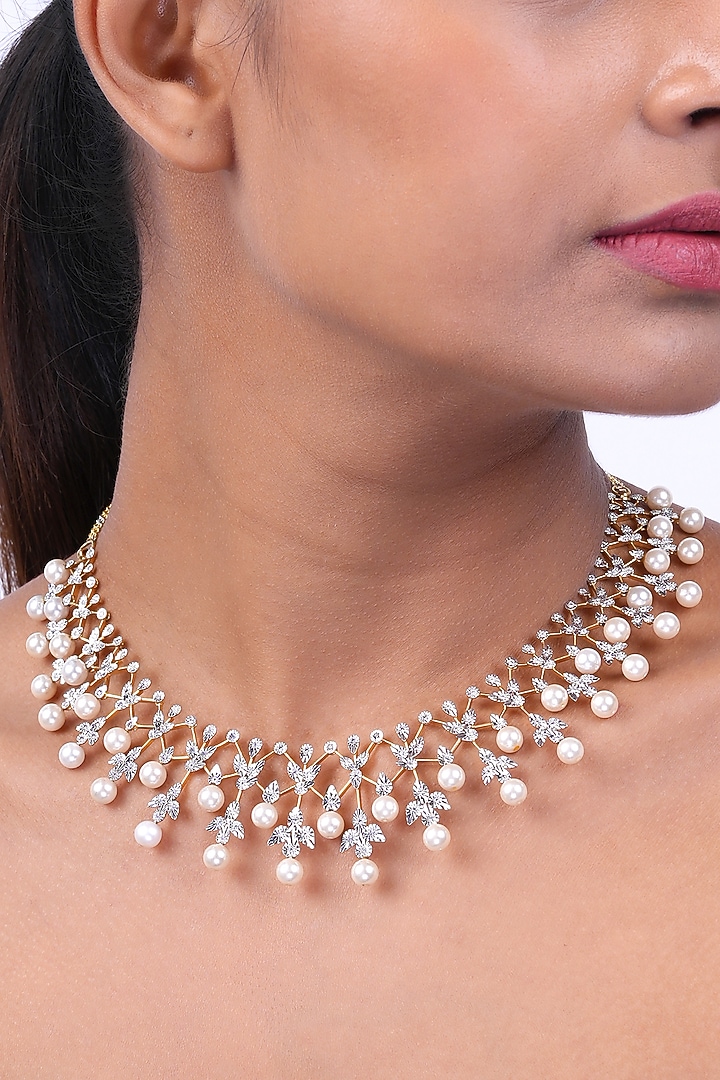 18kt Yellow Gold Finish Diamond & Pearl Necklace by Nornament at Pernia's Pop Up Shop