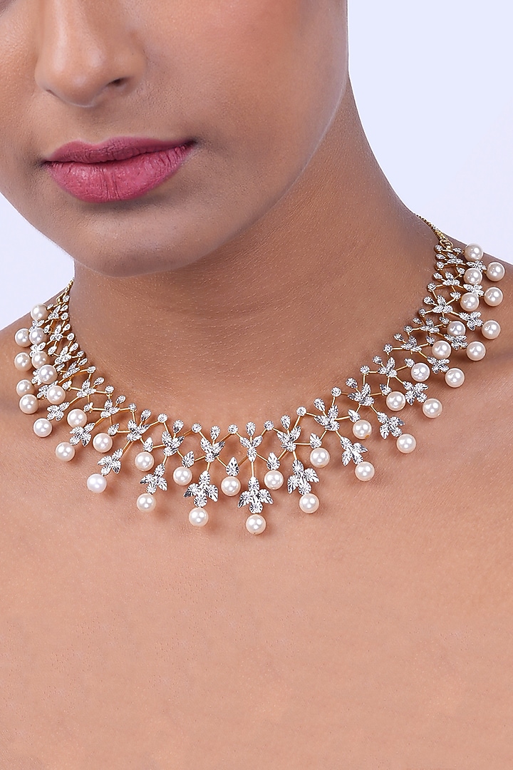 18kt Yellow Gold Finish Diamond & Pearl Necklace by Nornament  at Pernia's Pop Up Shop