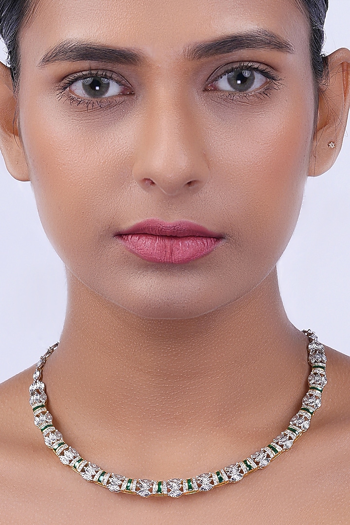 18kt White Rhodium Finish Diamond Green Enameled Hasli Necklace by Nornament  at Pernia's Pop Up Shop