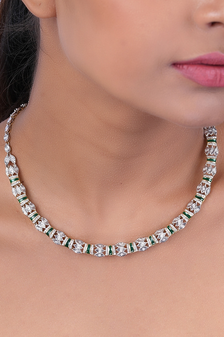 18kt White Rhodium Finish Diamond Green Enameled Hasli Necklace by Nornament at Pernia's Pop Up Shop