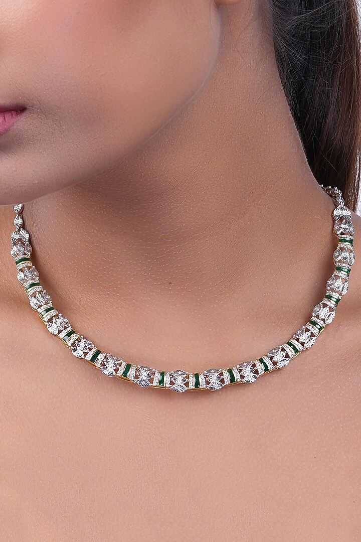 18kt White Rhodium Finish Diamond Green Enameled Hasli Necklace by Nornament at Pernia's Pop Up Shop