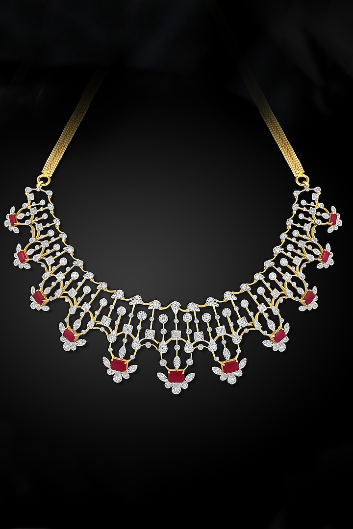 14kt Gold Finish Diamond & Ruby Stone Floral Motifs Necklace by Nornament at Pernia's Pop Up Shop