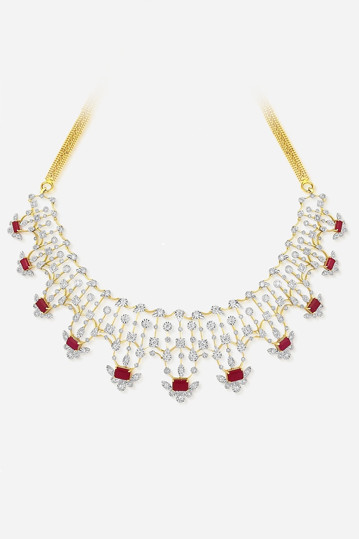 14kt Gold Finish Diamond & Ruby Stone Floral Motifs Necklace by Nornament at Pernia's Pop Up Shop
