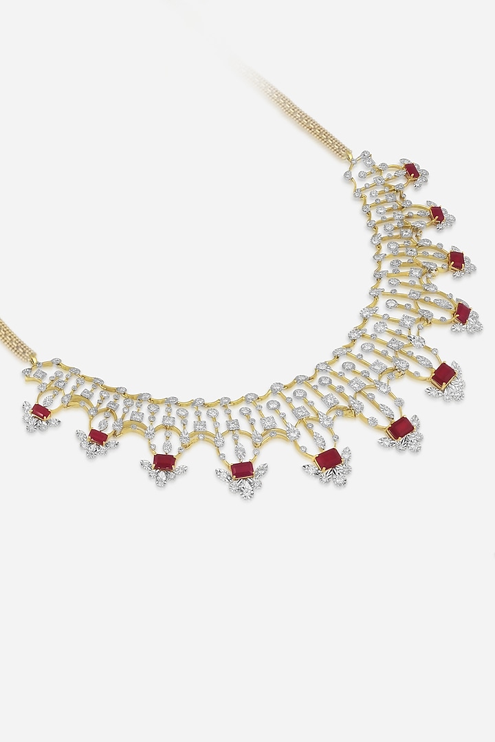 14kt Gold Finish Diamond & Ruby Stone Floral Motifs Necklace by Nornament at Pernia's Pop Up Shop