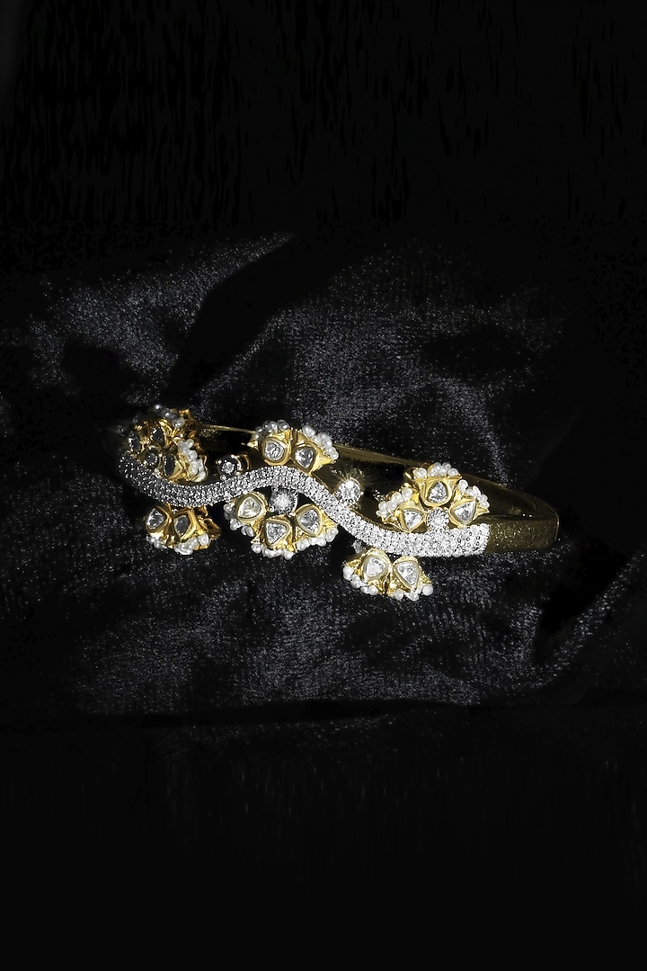 14kt Yellow Gold Finish Diamond & Kundan Polki Floral Openable Baracelet by Nornament at Pernia's Pop Up Shop