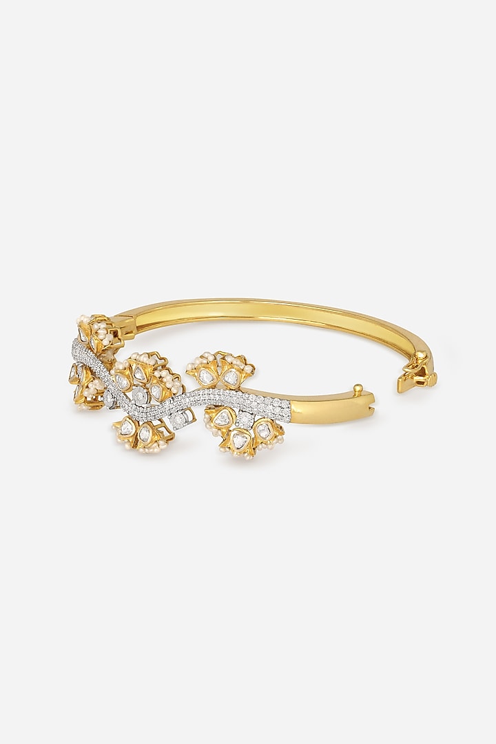 14kt Yellow Gold Finish Diamond & Kundan Polki Floral Openable Baracelet by Nornament at Pernia's Pop Up Shop